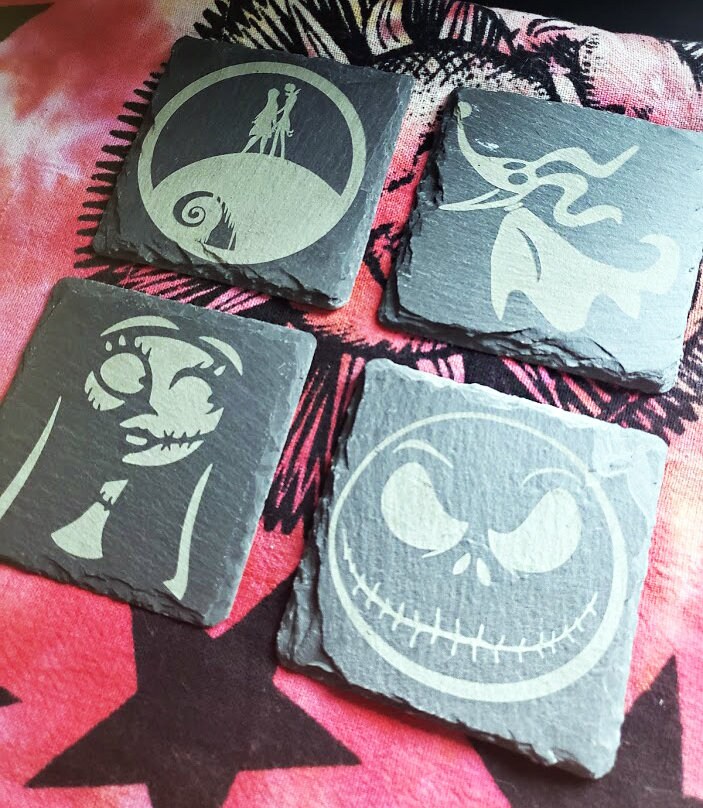 Engraved Nightmare Before Christmas Gray Slate Coaster, Engraved Stone Drink Coasters, NBC Inspired Coasters, Jack Skellington, Sally, Zero